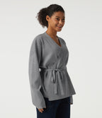 V Neck Long Sleeve Belted Work Cardigan — December Sky — view 3