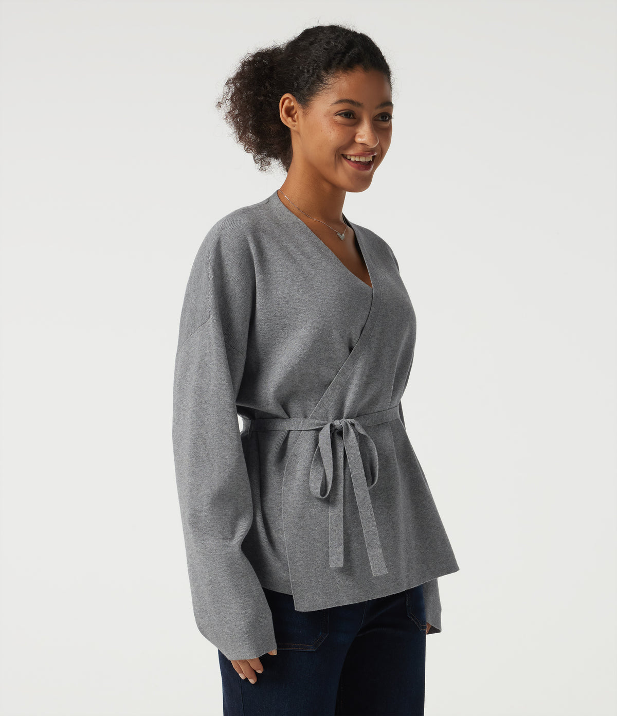 V Neck Long Sleeve Belted Work Cardigan — December Sky — view 3