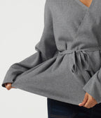 V Neck Long Sleeve Belted Work Cardigan — December Sky — view 7