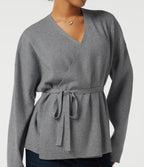 V Neck Long Sleeve Belted Work Cardigan — December Sky — view 6
