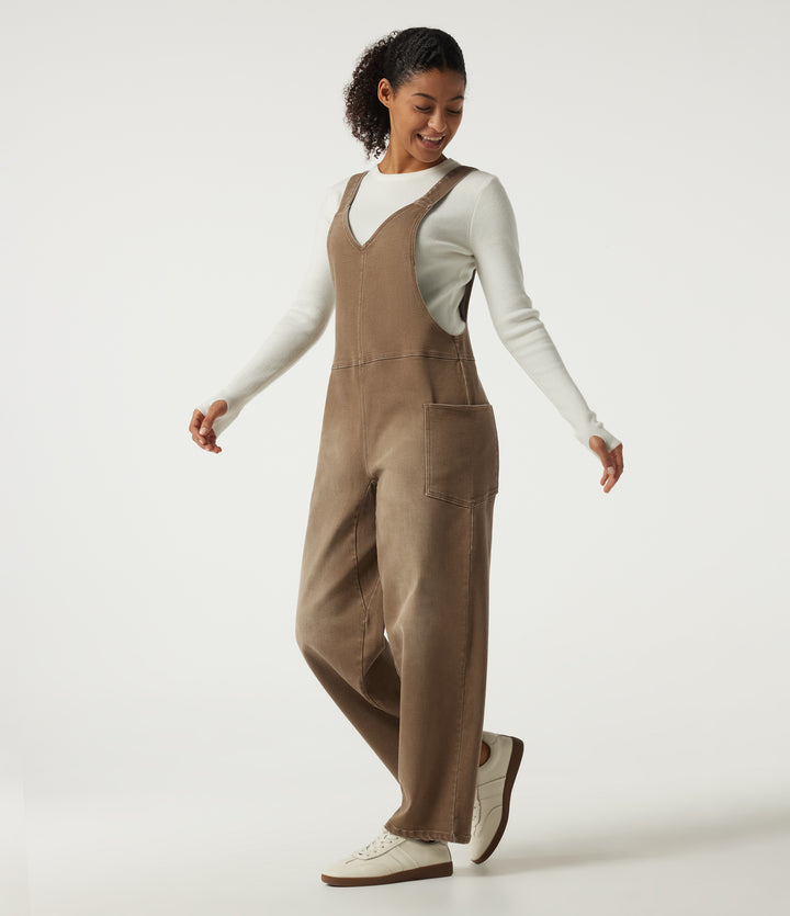 V Neck Baggy Colorful Denim Casual Cotton Dungarees with Pockets — Rich Earth Brown — view 1