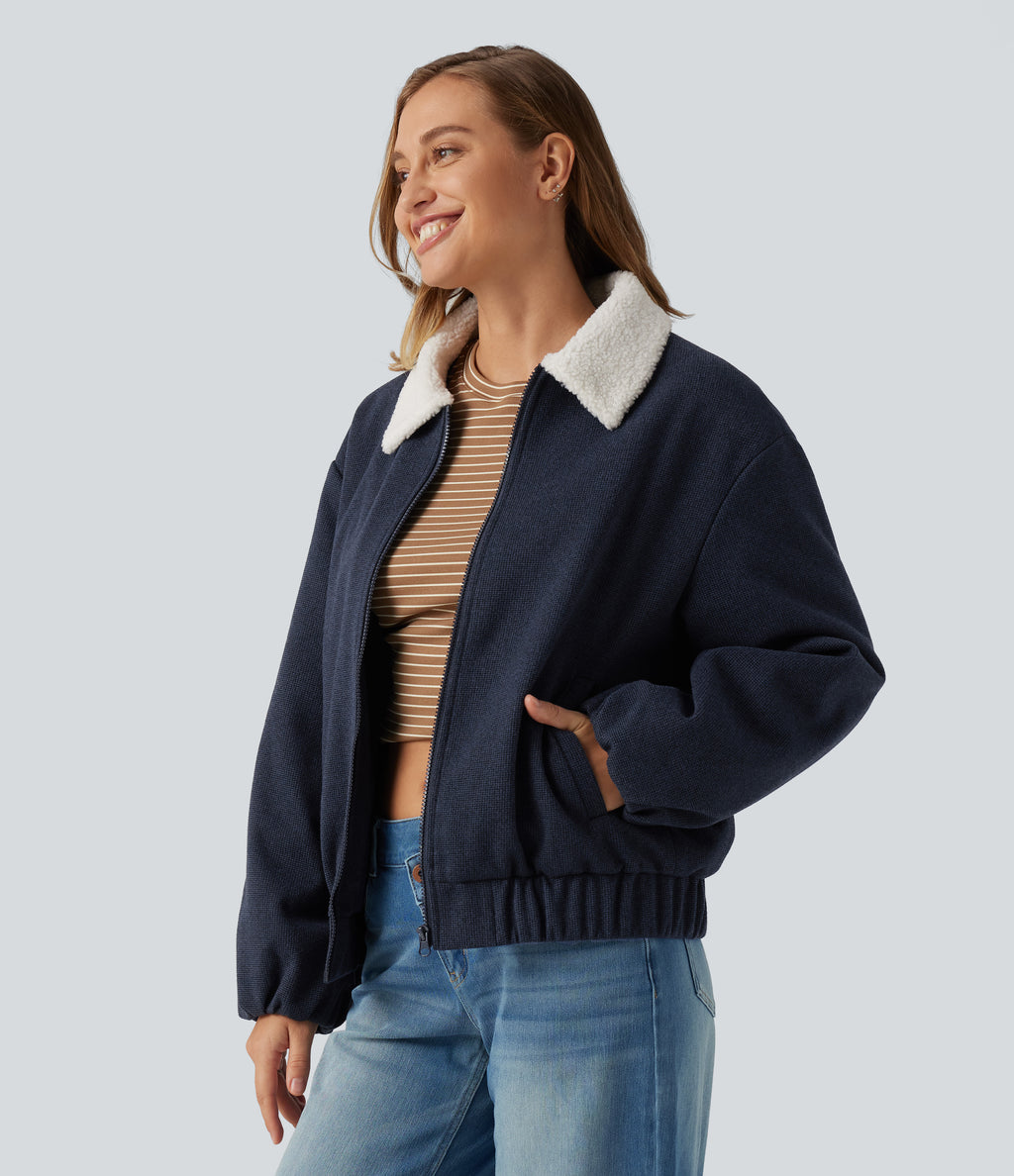 Collared Plaid Long Sleeve Casual Jacket with Pockets — Coastal Fog Blue — view 3