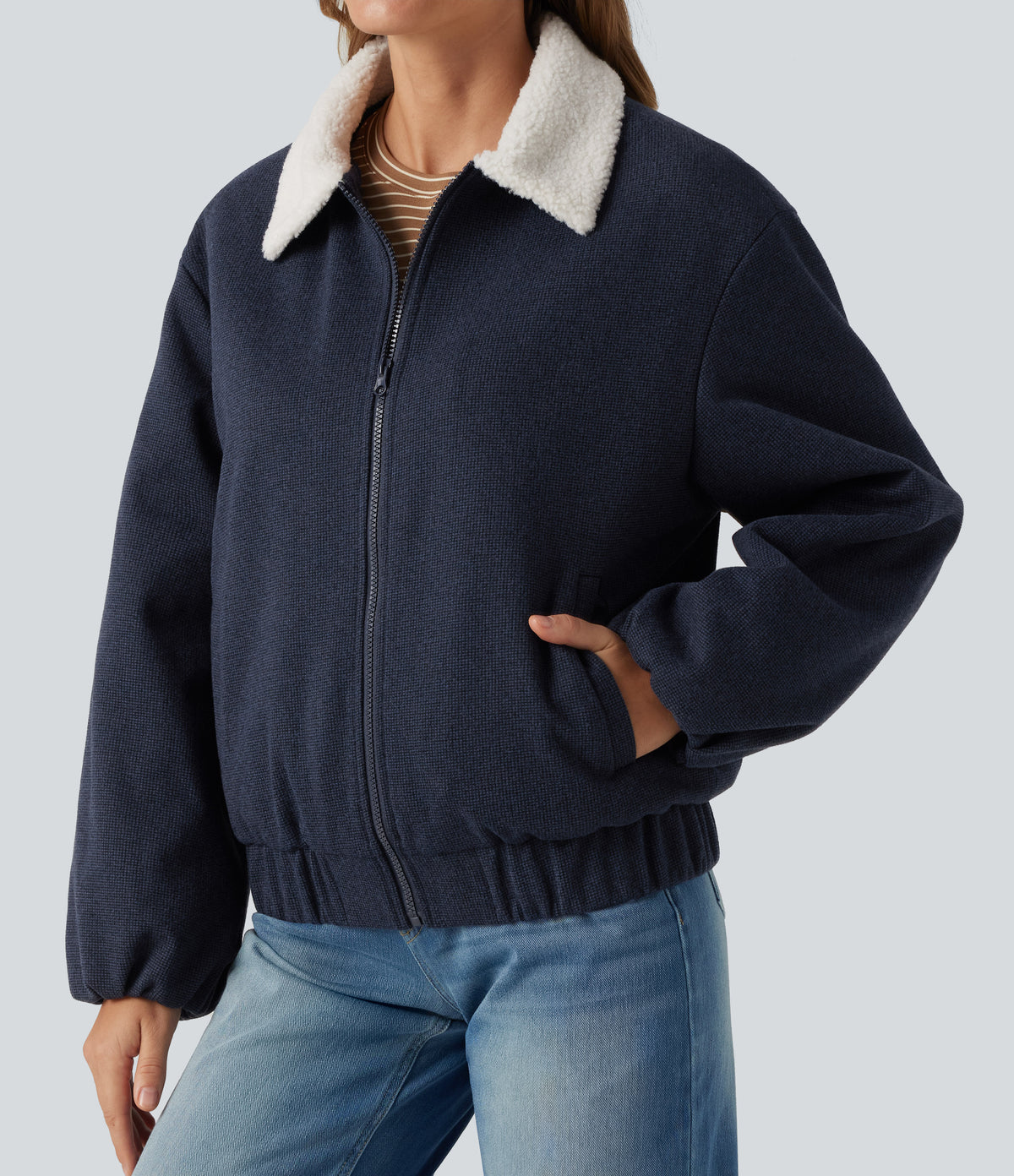 Collared Plaid Long Sleeve Casual Jacket with Pockets — Coastal Fog Blue — view 5