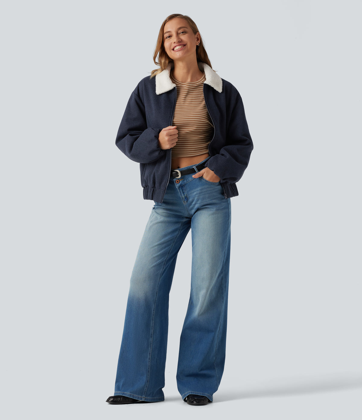 Collared Plaid Long Sleeve Casual Jacket with Pockets — Coastal Fog Blue — view 7