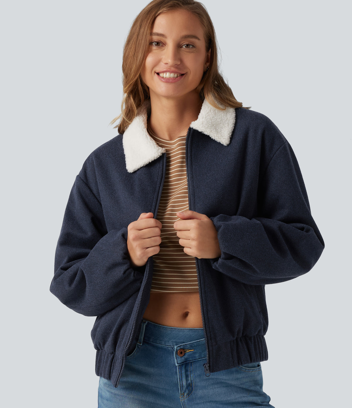 Collared Plaid Long Sleeve Casual Jacket with Pockets — Coastal Fog Blue — view 4