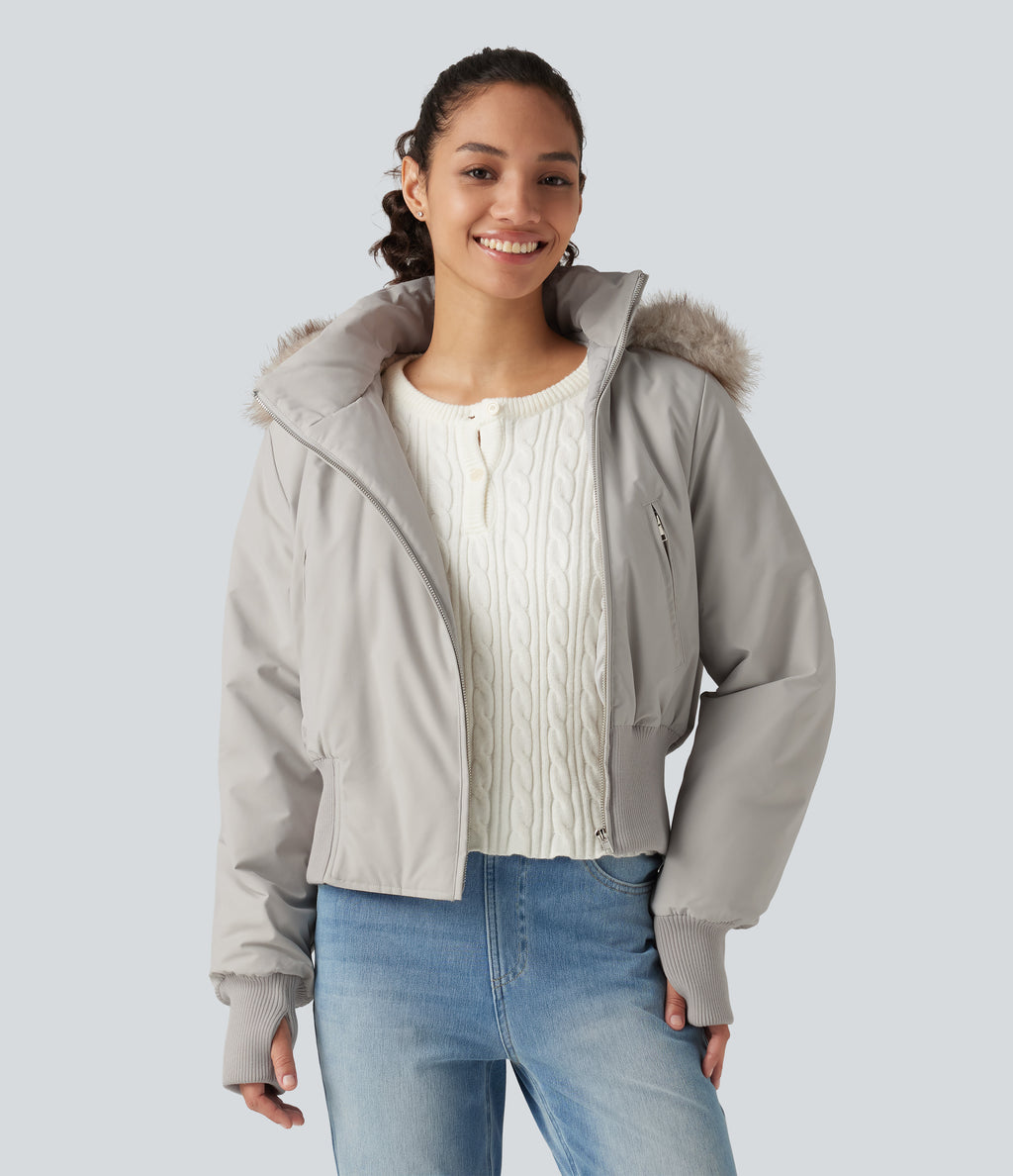 Hooded Long Sleeve Casual Padded Jacket with Pockets and Thumbholes — Temple Gray — view 4