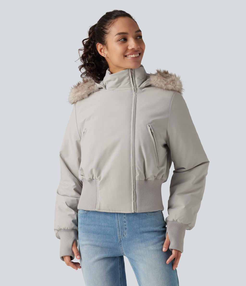 Hooded Long Sleeve Casual Padded Jacket with Pockets and Thumbholes — Temple Gray — view 5