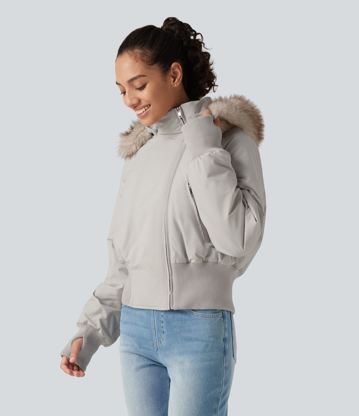 Hooded Long Sleeve Casual Padded Jacket with Pockets and Thumbholes — Temple Gray — view 3