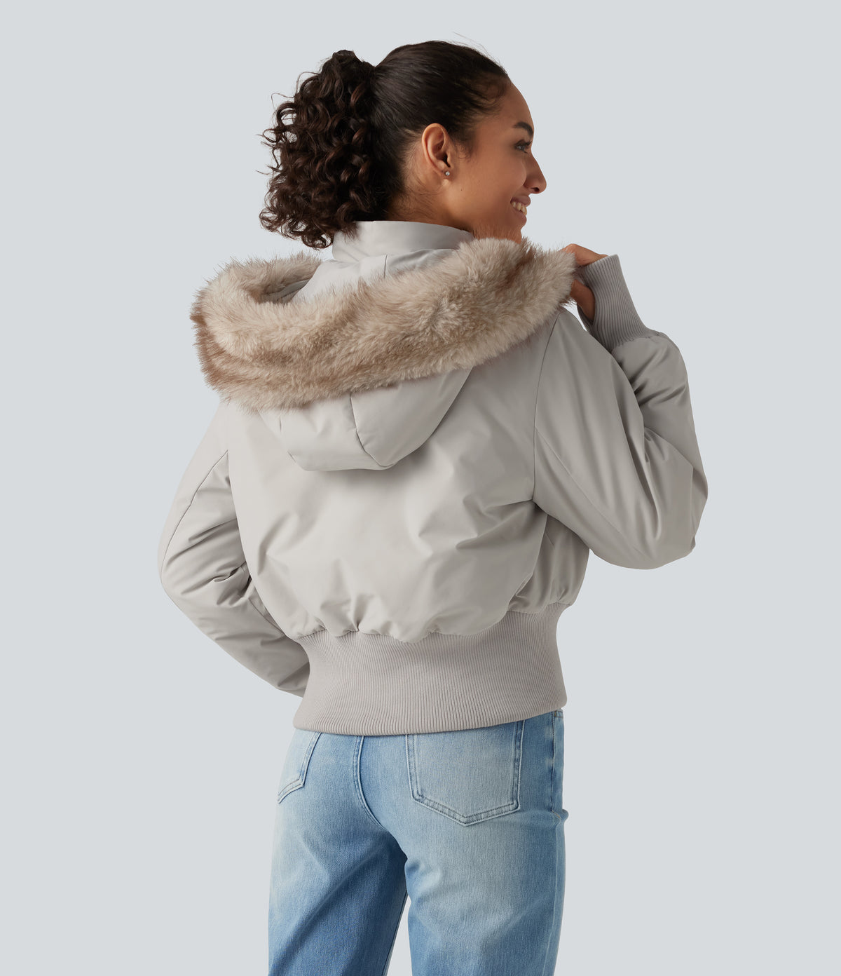 Hooded Long Sleeve Casual Padded Jacket with Pockets and Thumbholes — Temple Gray — view 2