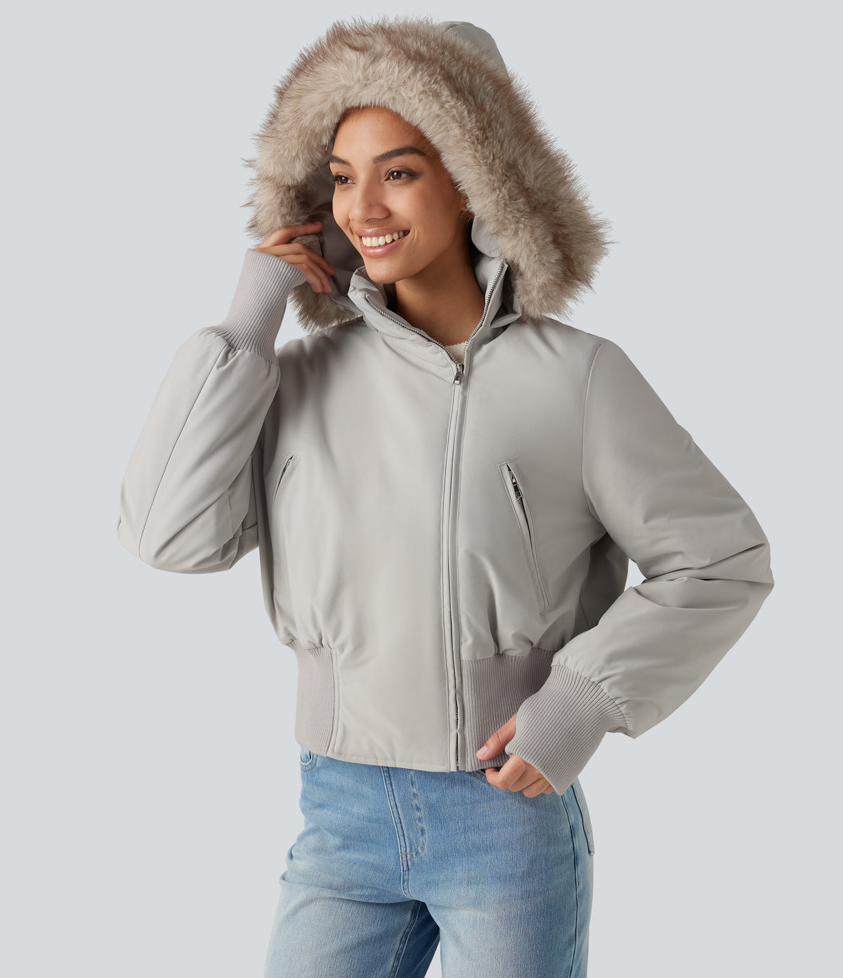 Hooded Long Sleeve Casual Padded Jacket with Pockets and Thumbholes — Temple Gray — view 6
