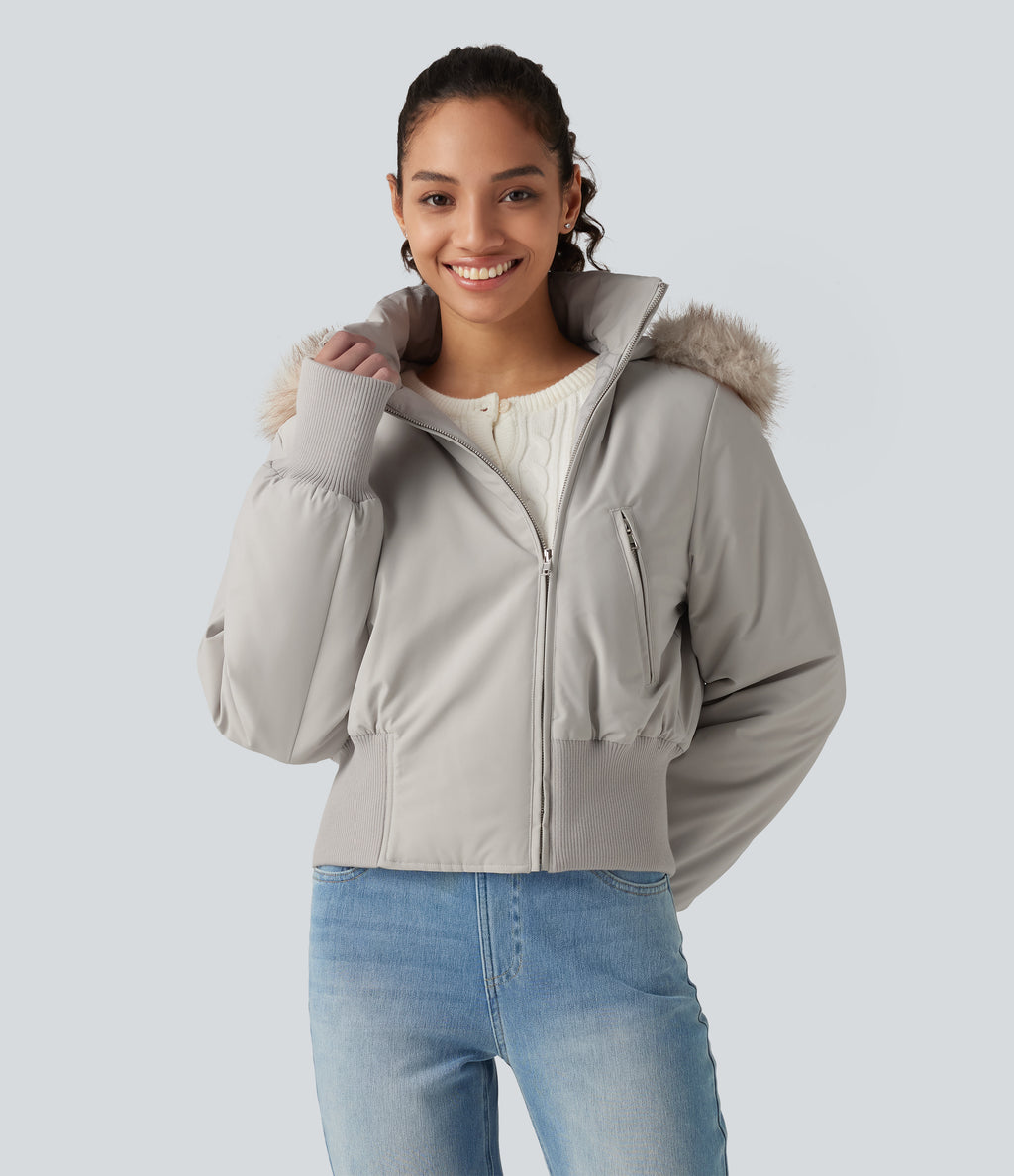 Hooded Long Sleeve Casual Padded Jacket with Pockets and Thumbholes — Temple Gray — view 1