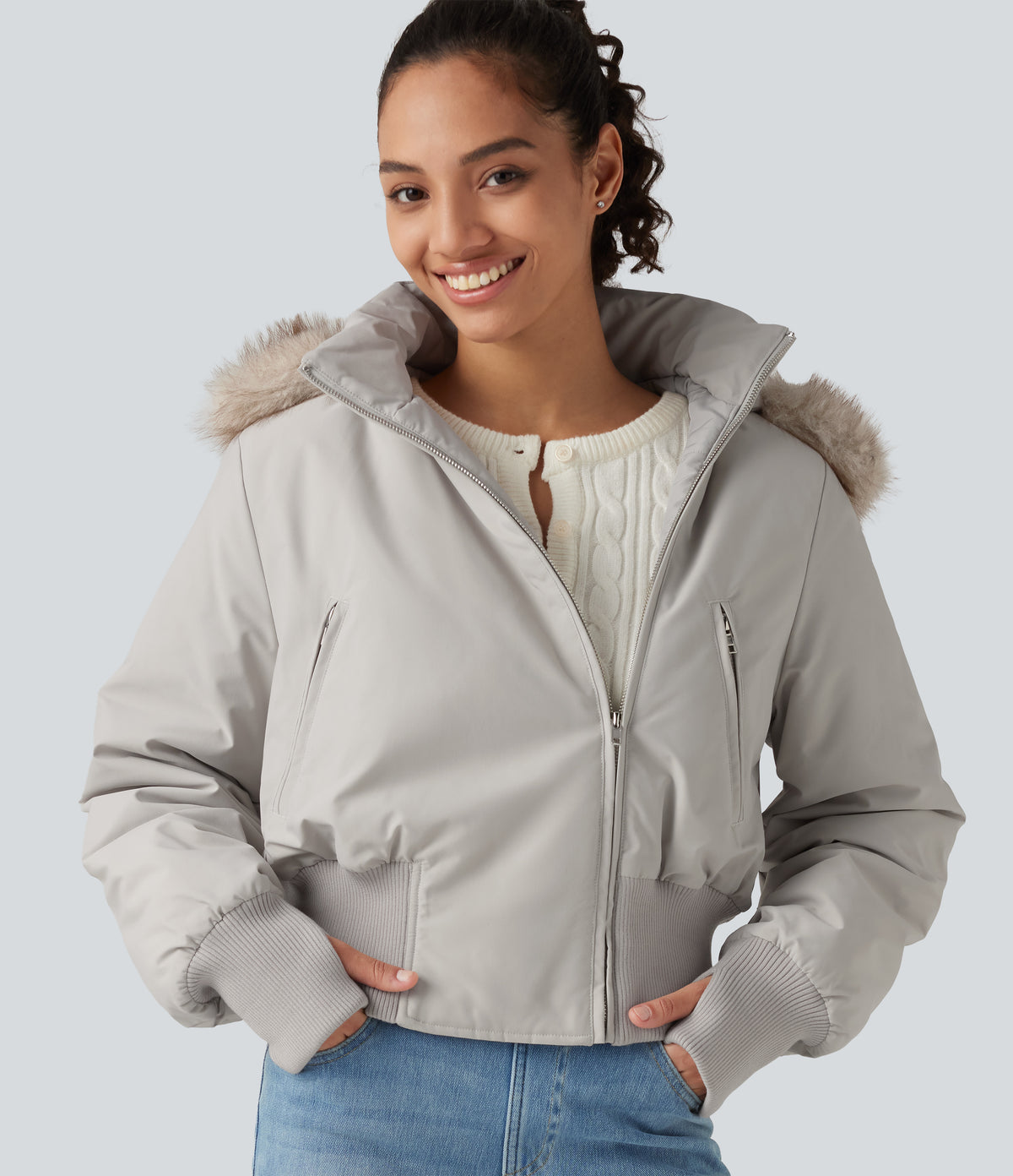 Hooded Long Sleeve Casual Padded Jacket with Pockets and Thumbholes — Temple Gray — view 7
