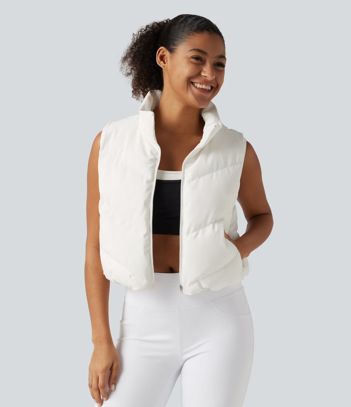 PuffFlex 3-in-1 Mock Neck Slim Causal Puffer Jacket with Pockets — White — view 5