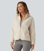 Long Sleeve Casual Sherpa Jacket with Pockets — Rice Khaki — view 1