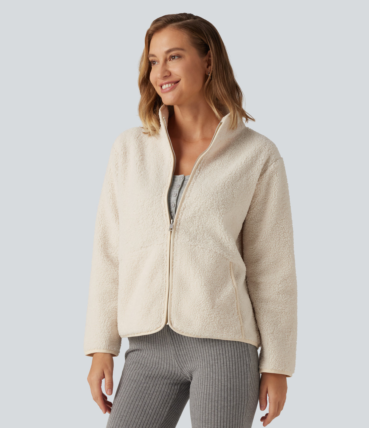 Long Sleeve Casual Sherpa Jacket with Pockets — Rice Khaki — view 1