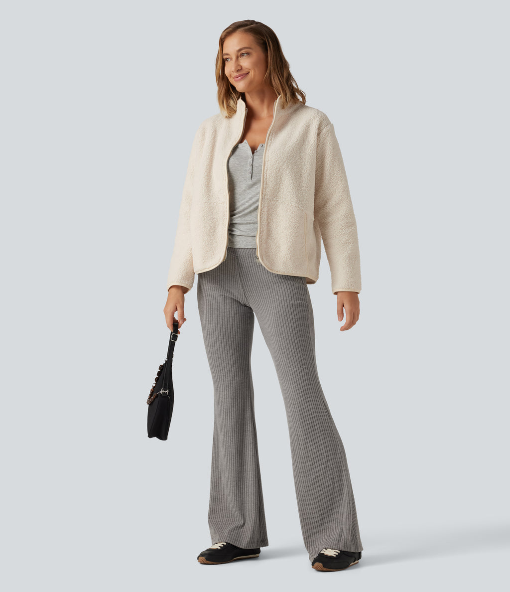Long Sleeve Casual Sherpa Jacket with Pockets — Rice Khaki — view 5