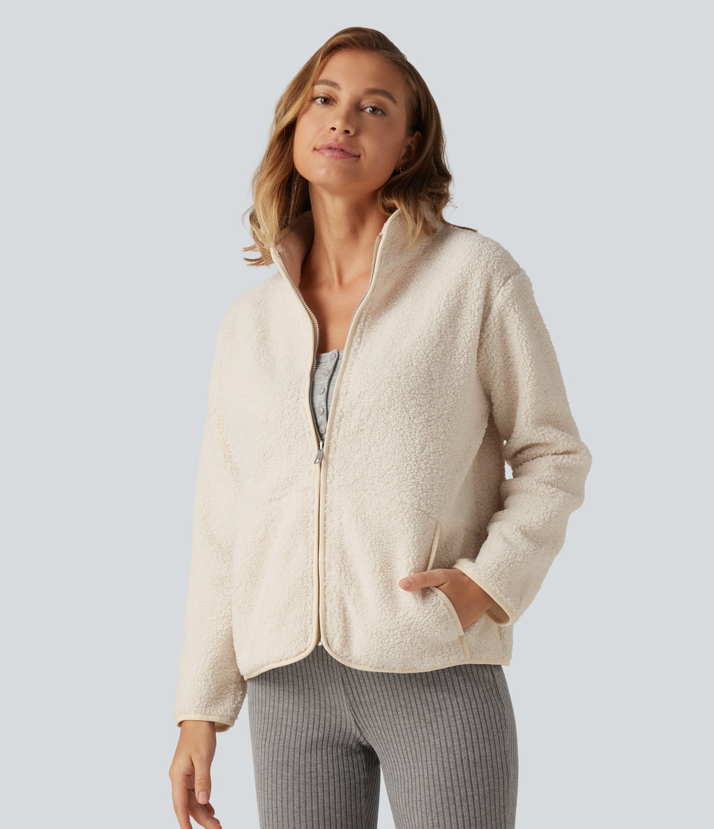 Long Sleeve Casual Sherpa Jacket with Pockets — Rice Khaki — view 3