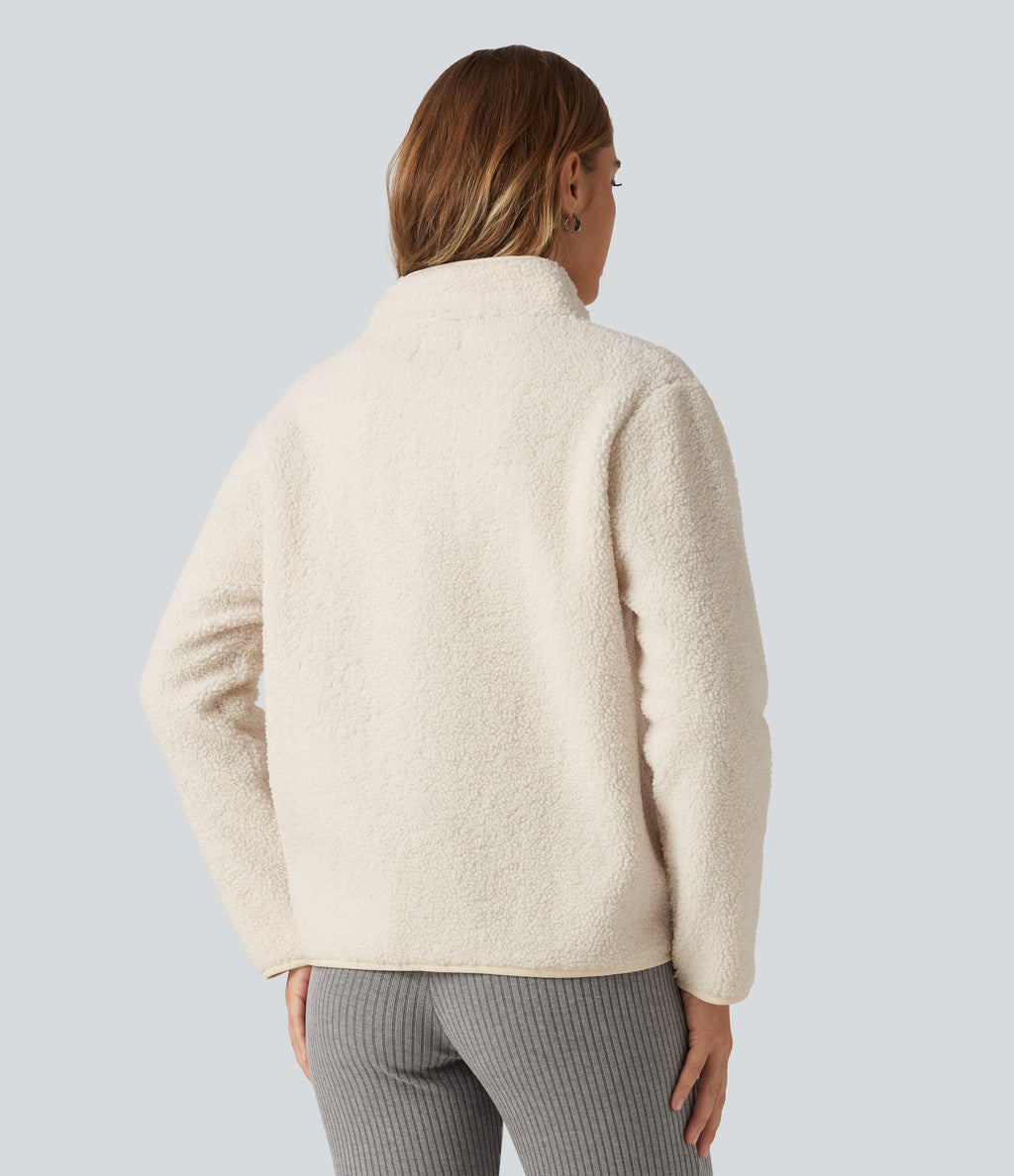 Long Sleeve Casual Sherpa Jacket with Pockets — Rice Khaki — view 2