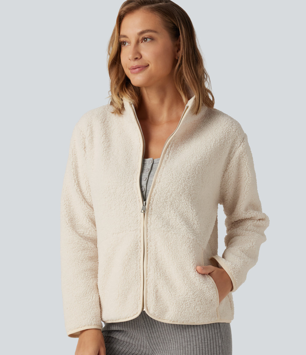 Long Sleeve Casual Sherpa Jacket with Pockets — Rice Khaki — view 4