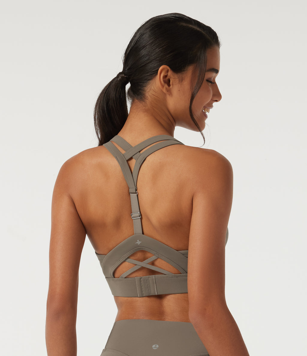 Medium Support U Neck Crisscross Back Training Sports Bra with Built in Bra — Dawn Brown — view 4