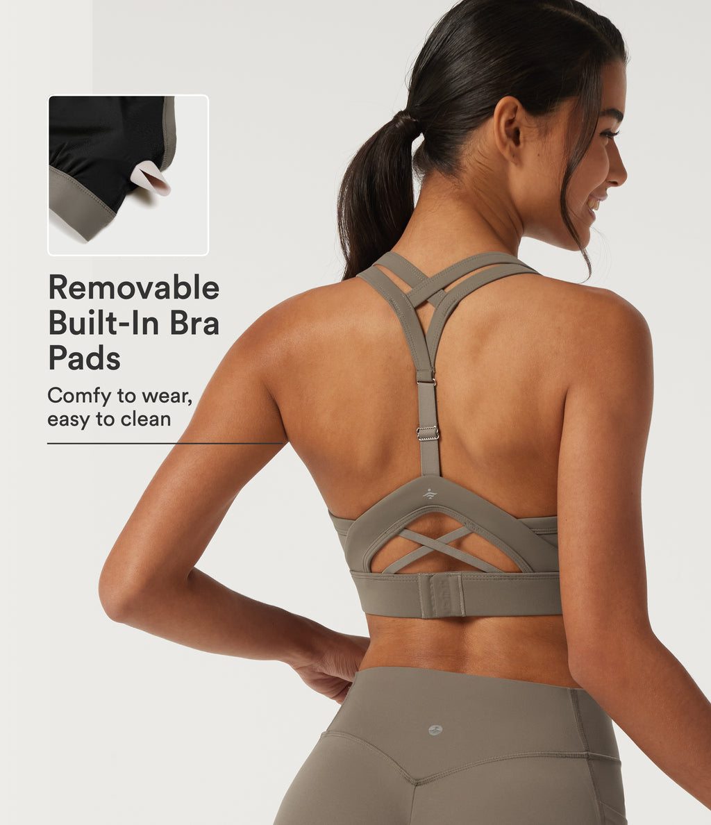 Medium Support U Neck Crisscross Back Training Sports Bra with Built in Bra — Dawn Brown — view 1