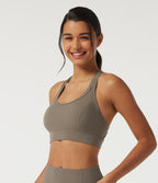 Medium Support U Neck Crisscross Back Training Sports Bra with Built in Bra — Dawn Brown — view 2