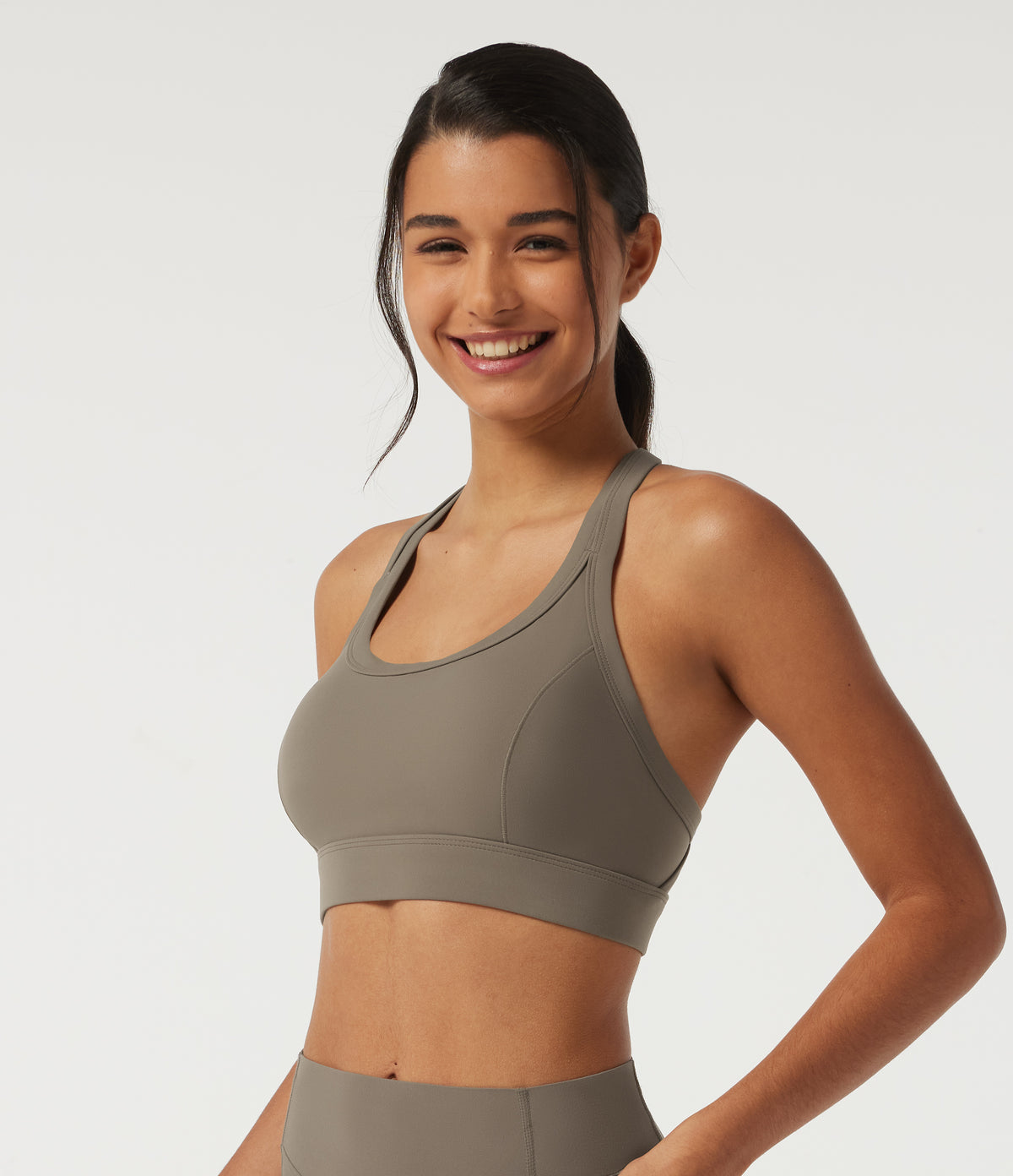 Medium Support U Neck Crisscross Back Training Sports Bra with Built in Bra — Dawn Brown — view 2