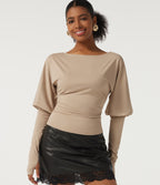 Boat Neck Long Sleeve Yoga Top with Thumb Holes — Humus — view 1