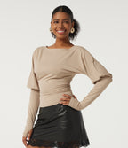 Boat Neck Long Sleeve Yoga Top with Thumb Holes — Humus — view 3