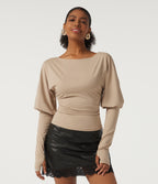 Boat Neck Long Sleeve Yoga Top with Thumb Holes — Humus — view 4