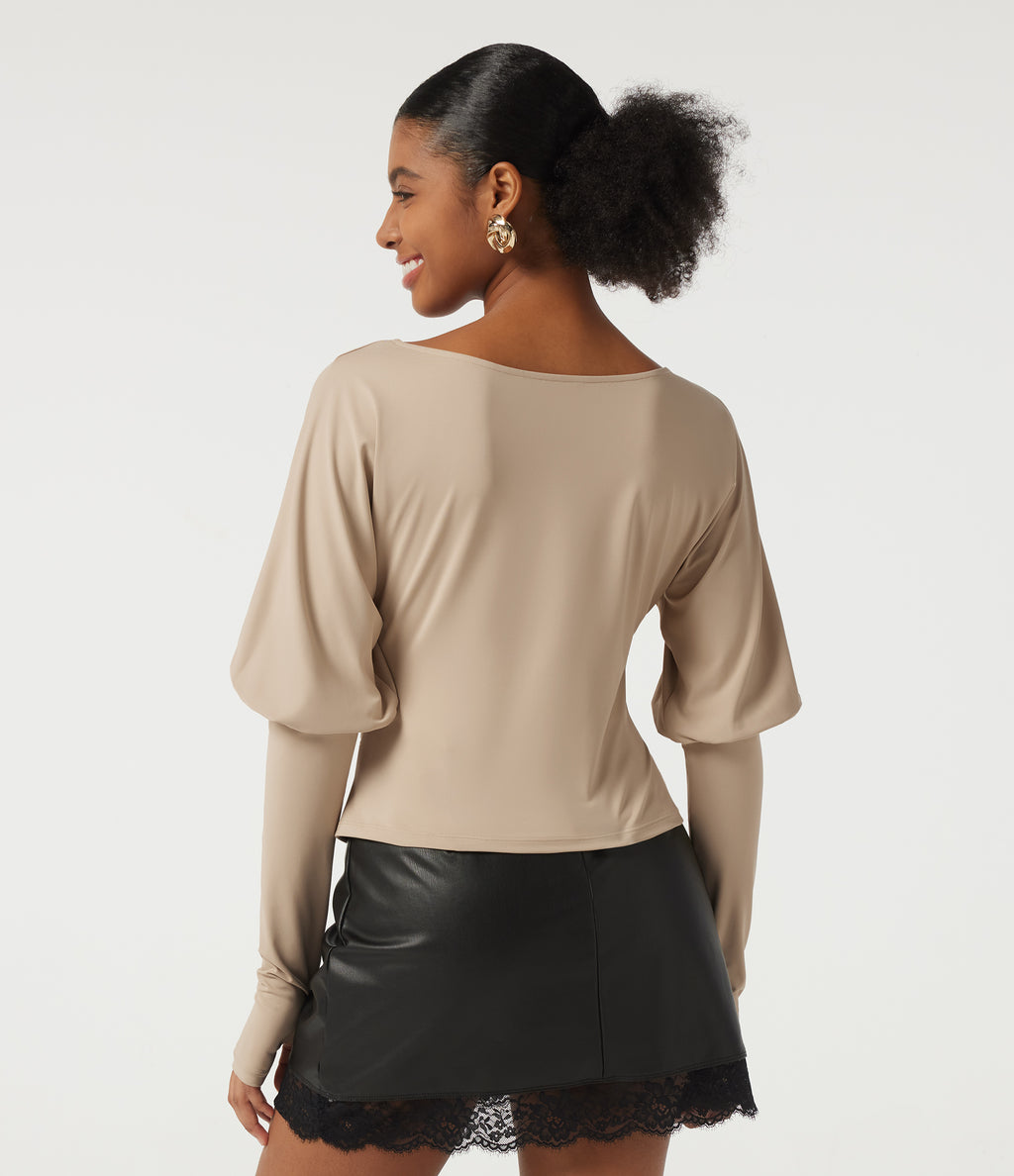 Boat Neck Long Sleeve Yoga Top with Thumb Holes — Humus — view 2