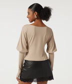 Boat Neck Long Sleeve Yoga Top with Thumb Holes — Humus — view 2