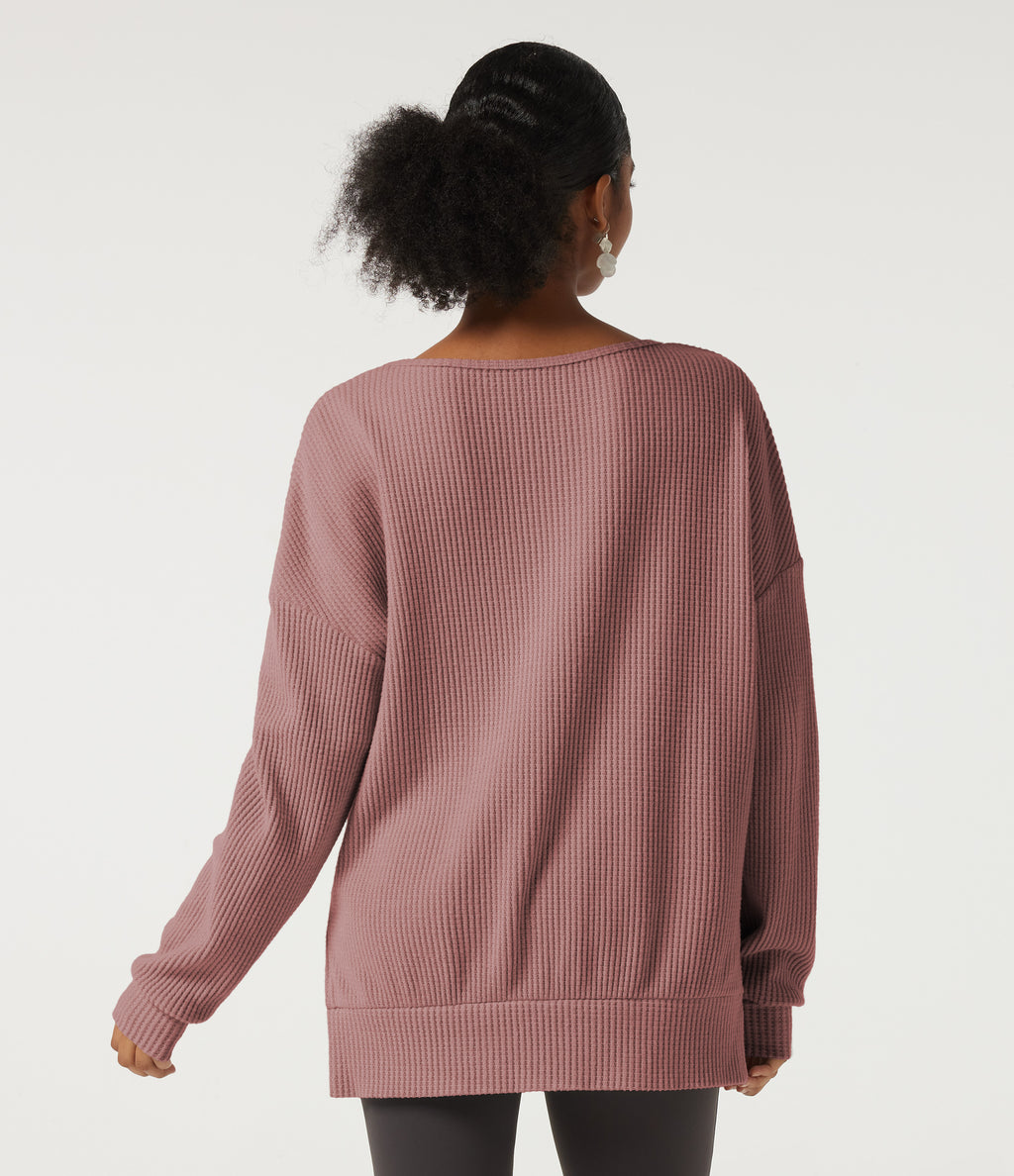 Round Neck Long Sleeve Slit Hem Casual Sweatshirt — Wild Salmon — view 2