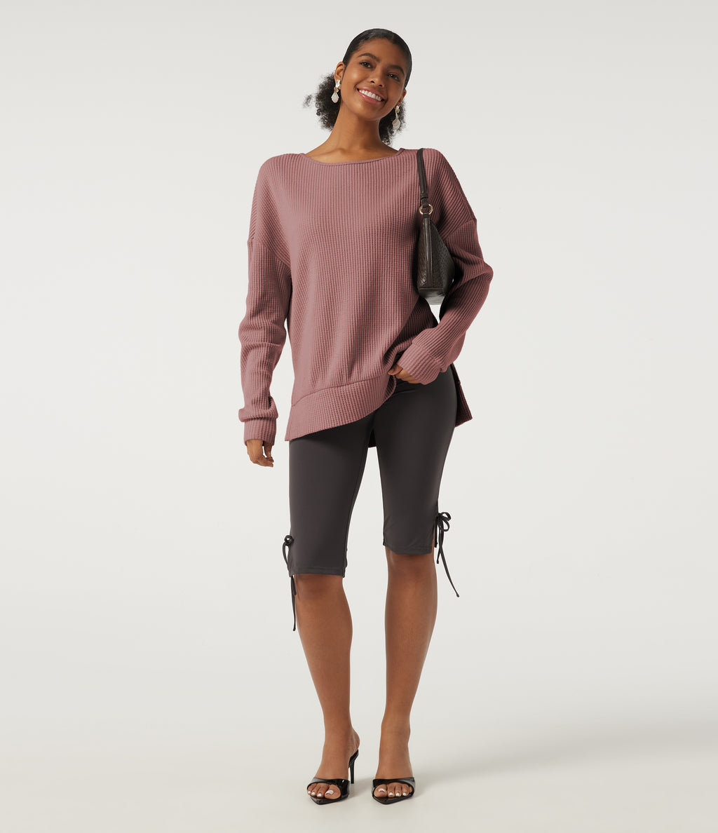 Round Neck Long Sleeve Slit Hem Casual Sweatshirt — Wild Salmon — view 8