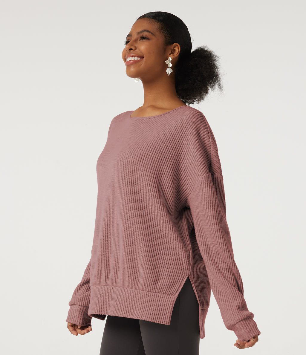 Round Neck Long Sleeve Slit Hem Casual Sweatshirt — Wild Salmon — view 3