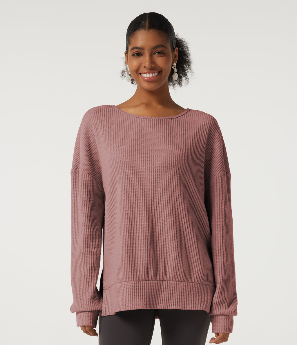 Round Neck Long Sleeve Slit Hem Casual Sweatshirt — Wild Salmon — view 4