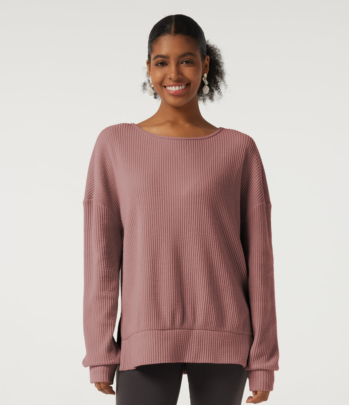 Round Neck Long Sleeve Slit Hem Casual Sweatshirt — Wild Salmon — view 4