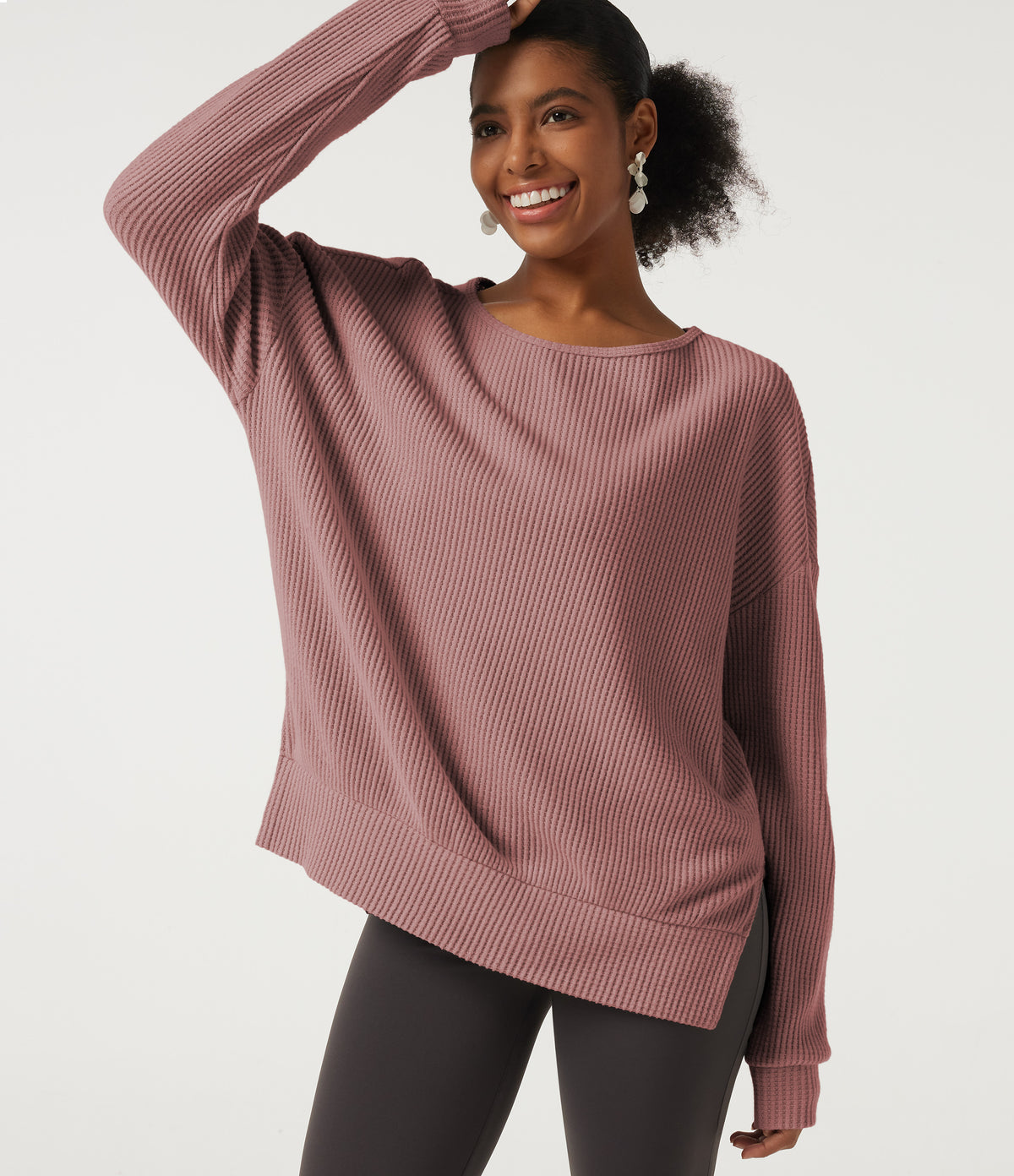Round Neck Long Sleeve Slit Hem Casual Sweatshirt — Wild Salmon — view 1
