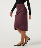 High Waisted Ruched Crossover Hem Bodycon Midi Suede Casual Skirt — Chocolate Truffle — view 3