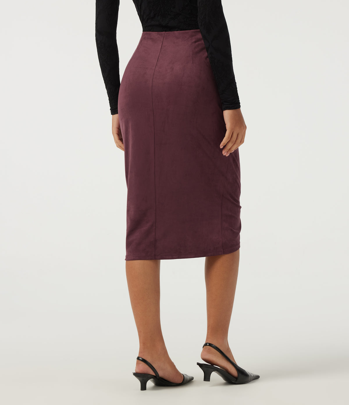 High Waisted Ruched Crossover Hem Bodycon Midi Suede Casual Skirt — Chocolate Truffle — view 2