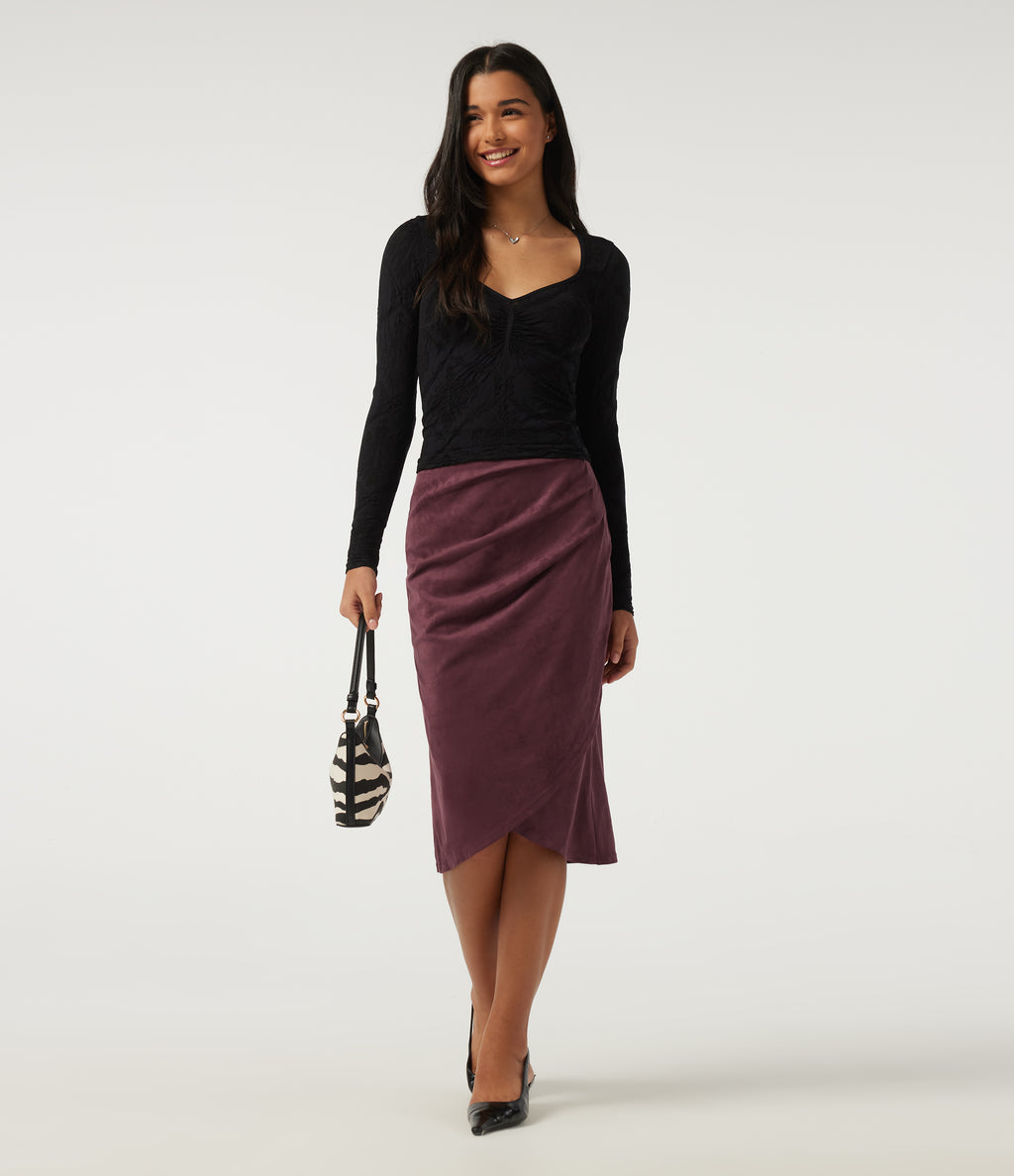 High Waisted Ruched Crossover Hem Bodycon Midi Suede Casual Skirt — Chocolate Truffle — view 6