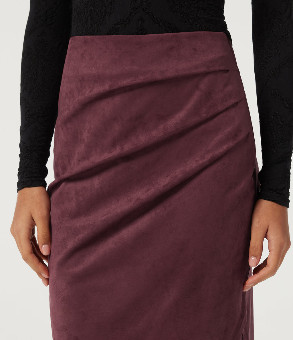 High Waisted Ruched Crossover Hem Bodycon Midi Suede Casual Skirt — Chocolate Truffle — view 4
