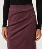High Waisted Ruched Crossover Hem Bodycon Midi Suede Casual Skirt — Chocolate Truffle — view 4