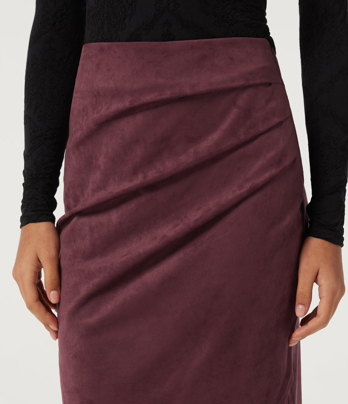 High Waisted Ruched Crossover Hem Bodycon Midi Suede Casual Skirt — Chocolate Truffle — view 4