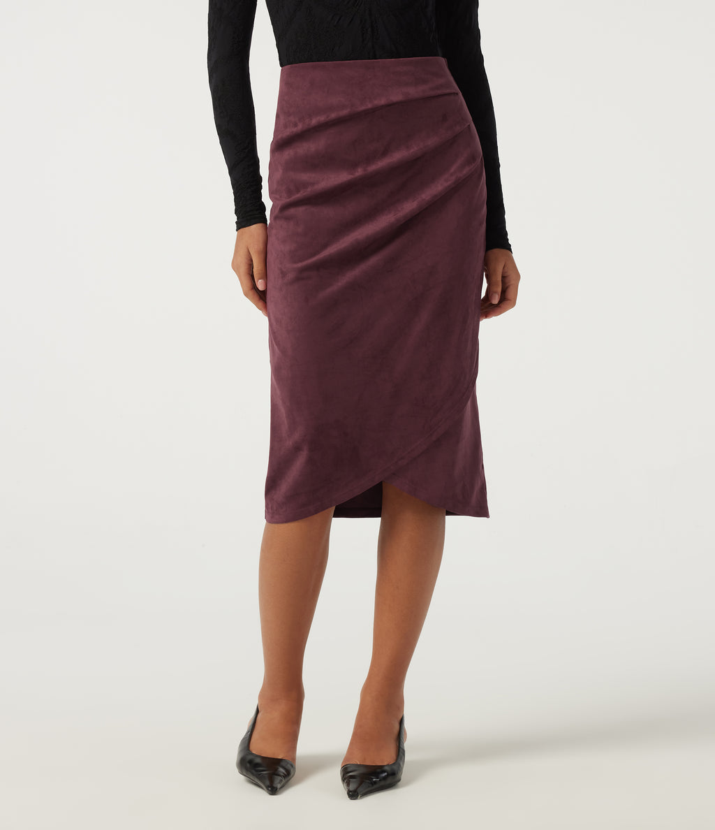 High Waisted Ruched Crossover Hem Bodycon Midi Suede Casual Skirt — Chocolate Truffle — view 1