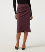 High Waisted Ruched Crossover Hem Bodycon Midi Suede Casual Skirt — Chocolate Truffle — view 1