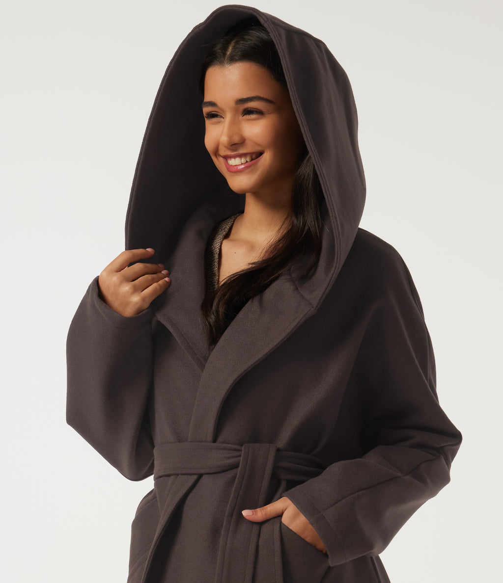 Hooded Long Sleeve Belted Longline Casual Coat with Pockets — Seal Brown — view 4