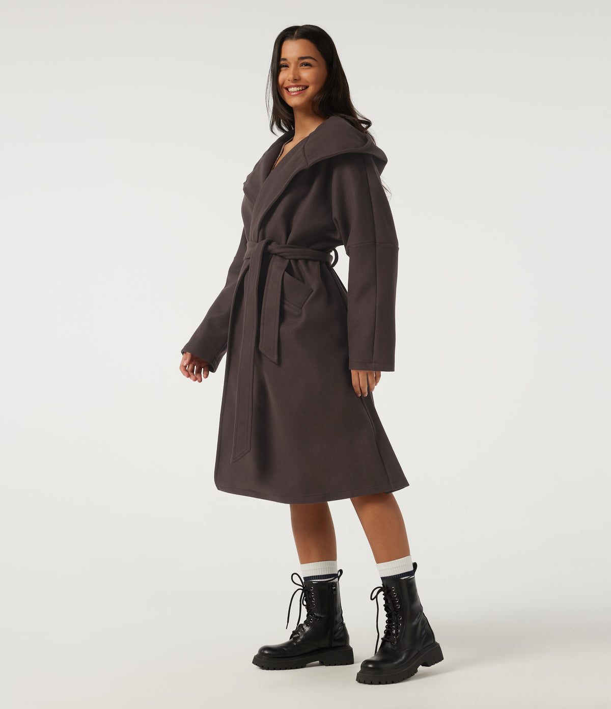Hooded Long Sleeve Belted Longline Casual Coat with Pockets — Seal Brown — view 3