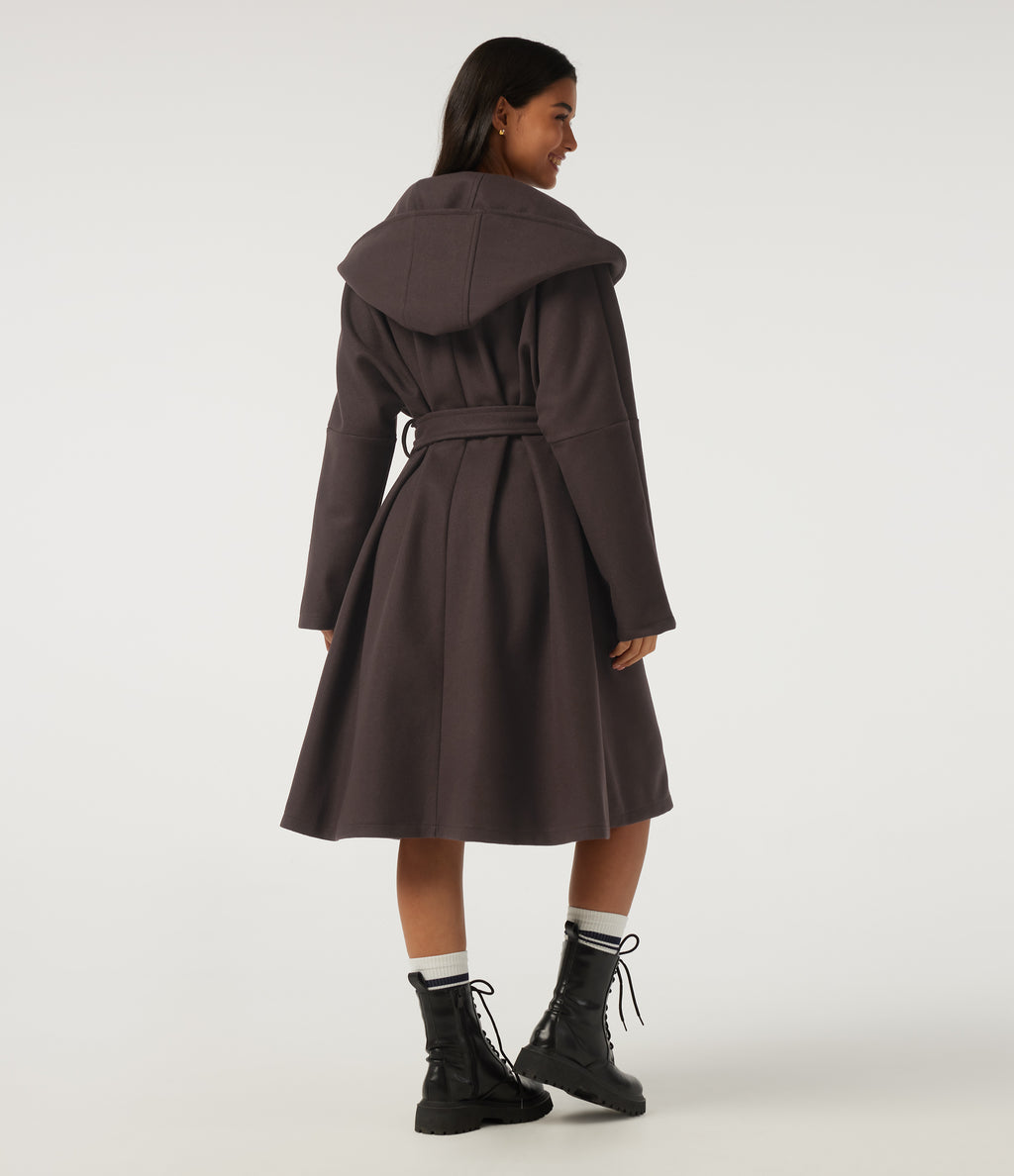 Hooded Long Sleeve Belted Longline Casual Coat with Pockets — Seal Brown — view 2