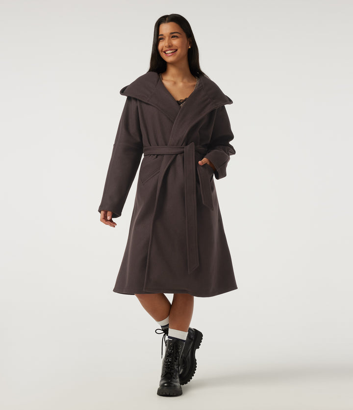 Hooded Long Sleeve Belted Longline Casual Coat with Pockets — Seal Brown — view 1